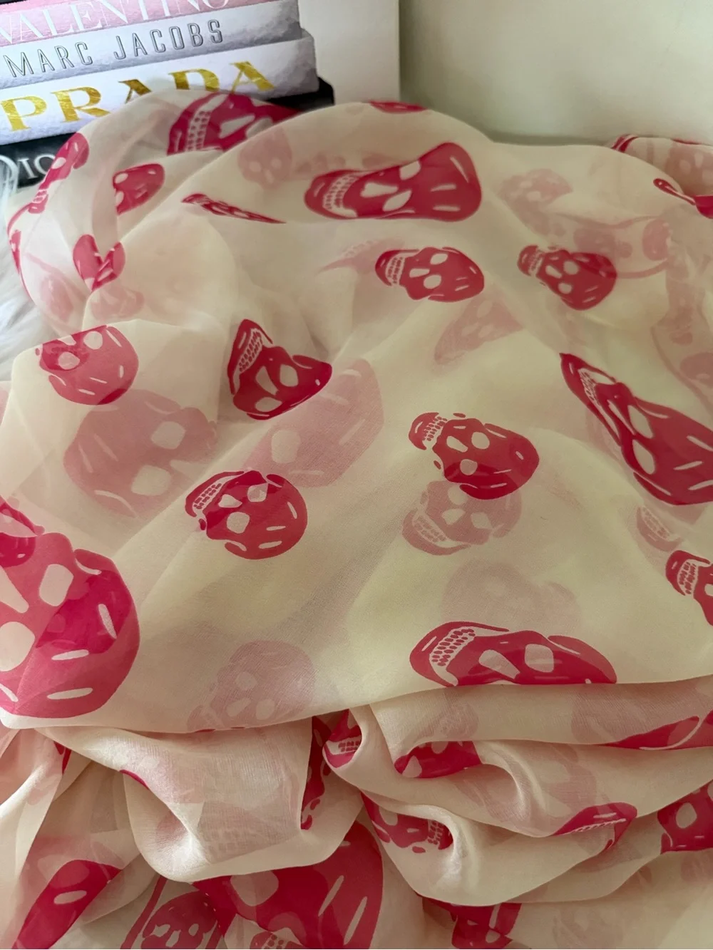 Alexander McQueen Sheer Pink Skull Print Wrap Silk Scarf.